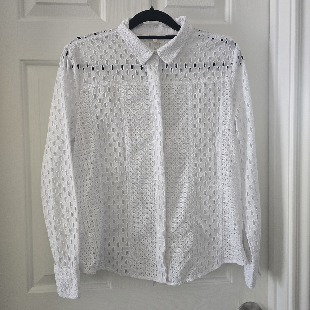 Exetera Women White Eyelet Cotton Shirt Size L Button Front Peasant Bohemian - Picture 2 of 7